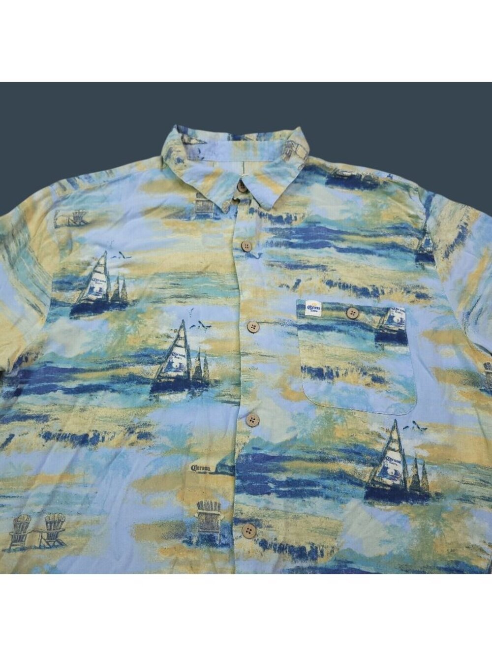 Joe Marlin Mens Corona Extra Sailboat Print Hawaiian Shirt XL Rayon Short Sleeve